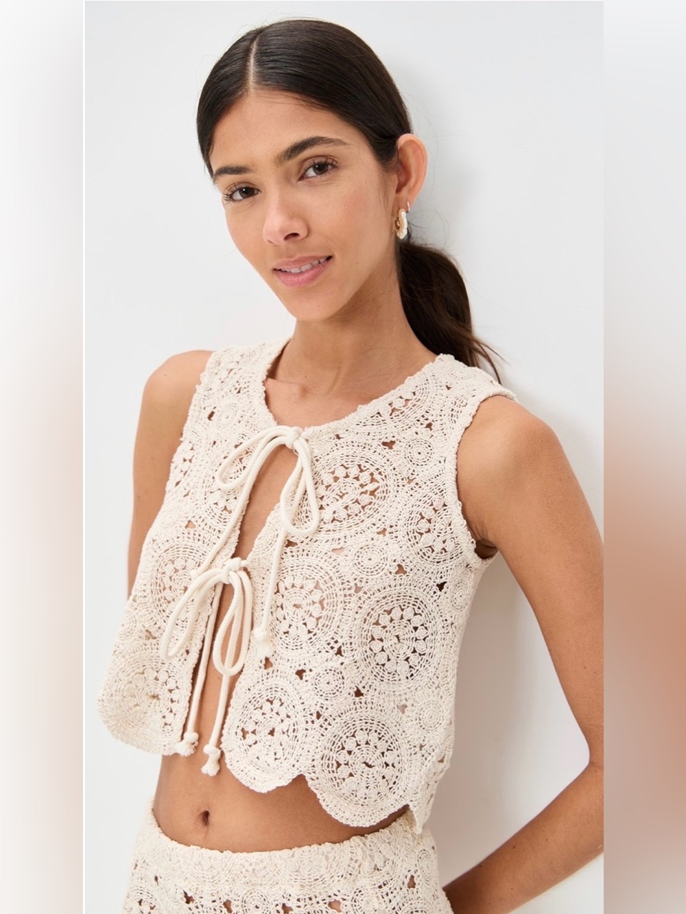4th & Reckless Laurenne Top Crochet Tie Front Vest Sheer Cream sz XS